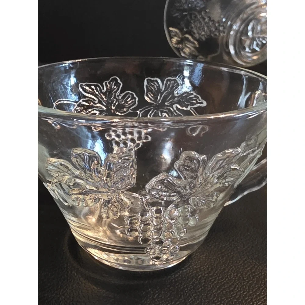 Vintage 1960's Anchor Hocking Glass Punch Bowl with 12 Cups Grape Leaf Pattern